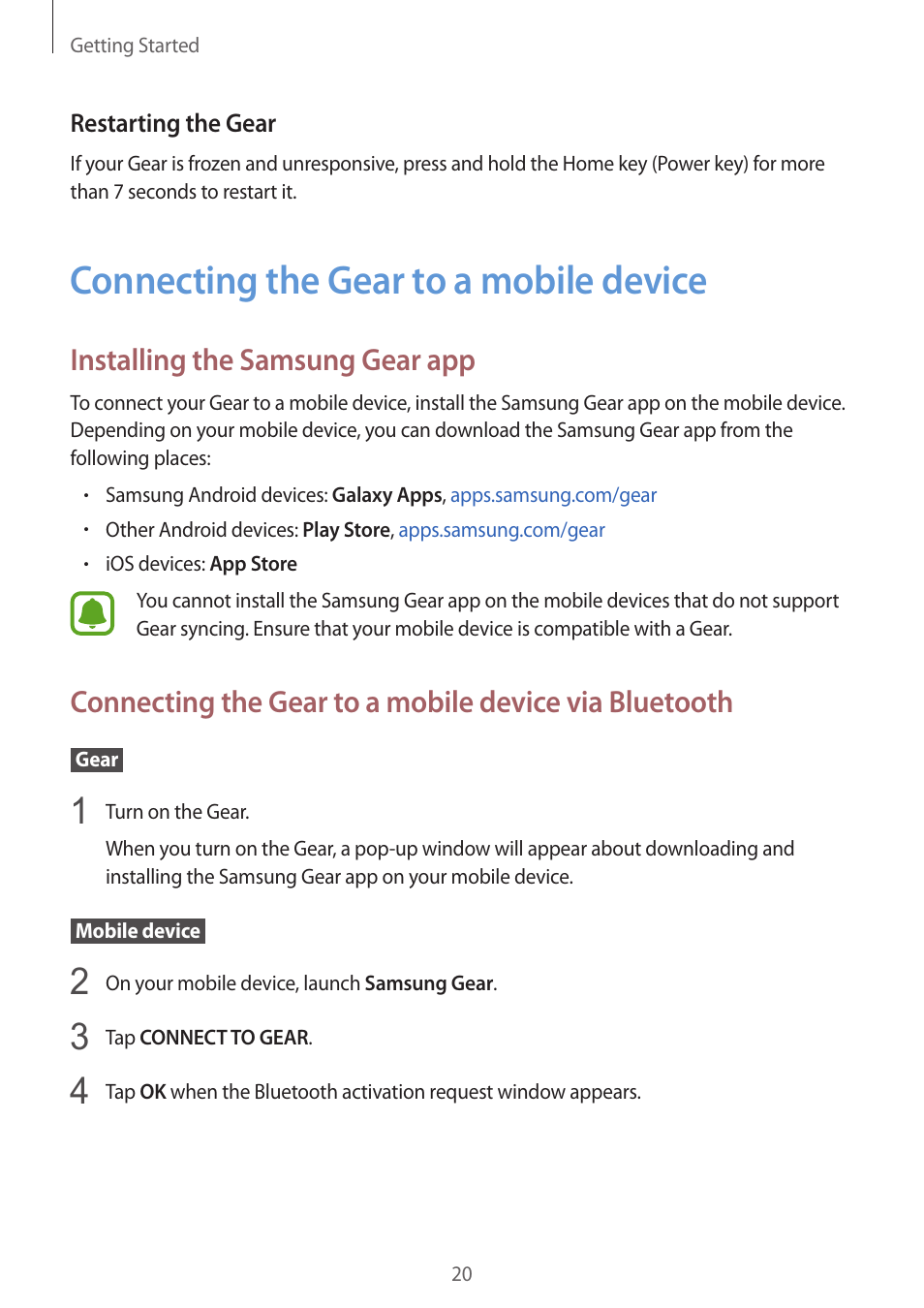 Connecting the gear to a mobile device, Installing the samsung gear app, 20 connecting the gear to a mobile | Device, Device via bluetooth | Samsung Gear S3 SM-R760 User Manual | Page 20 / 104