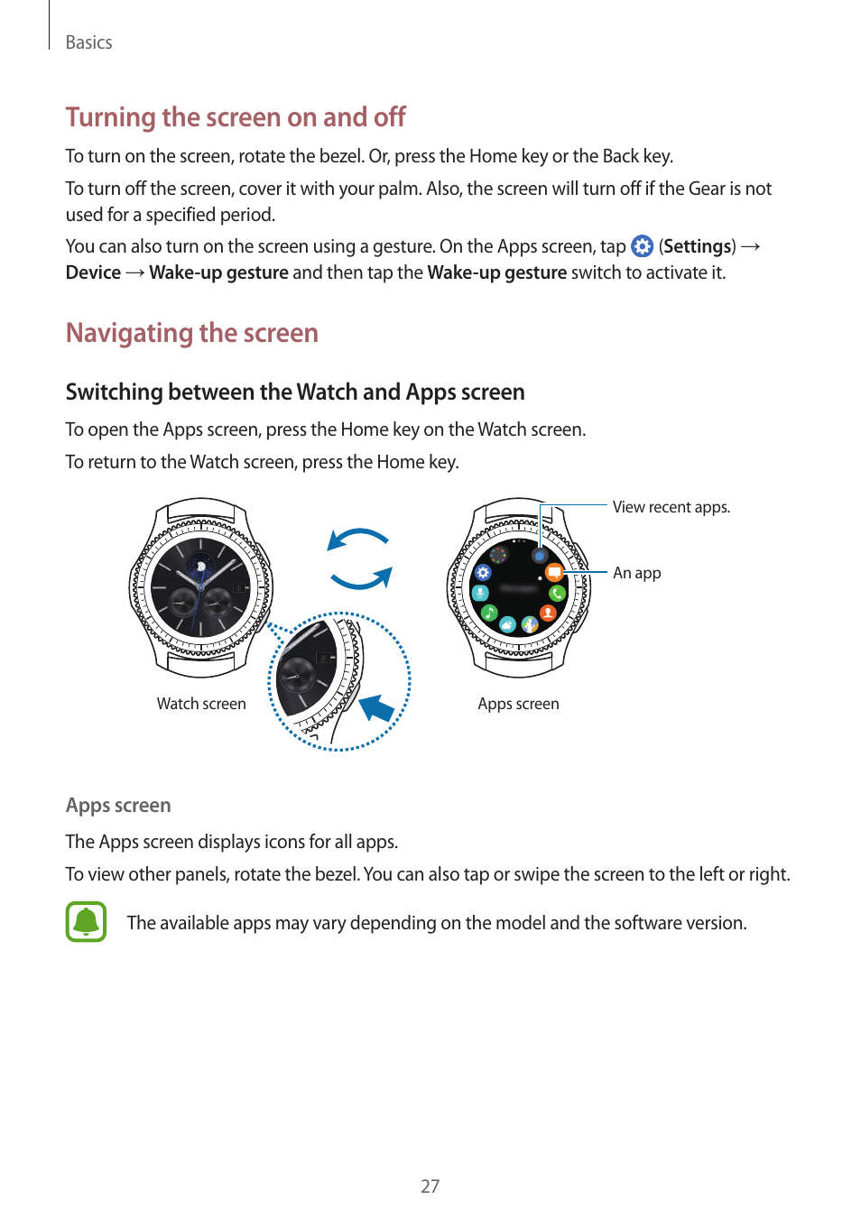 Turning the screen on and off, Navigating the screen, Switching between the watch and apps screen | Samsung Gear S3 SM-R760 User Manual | Page 27 / 104