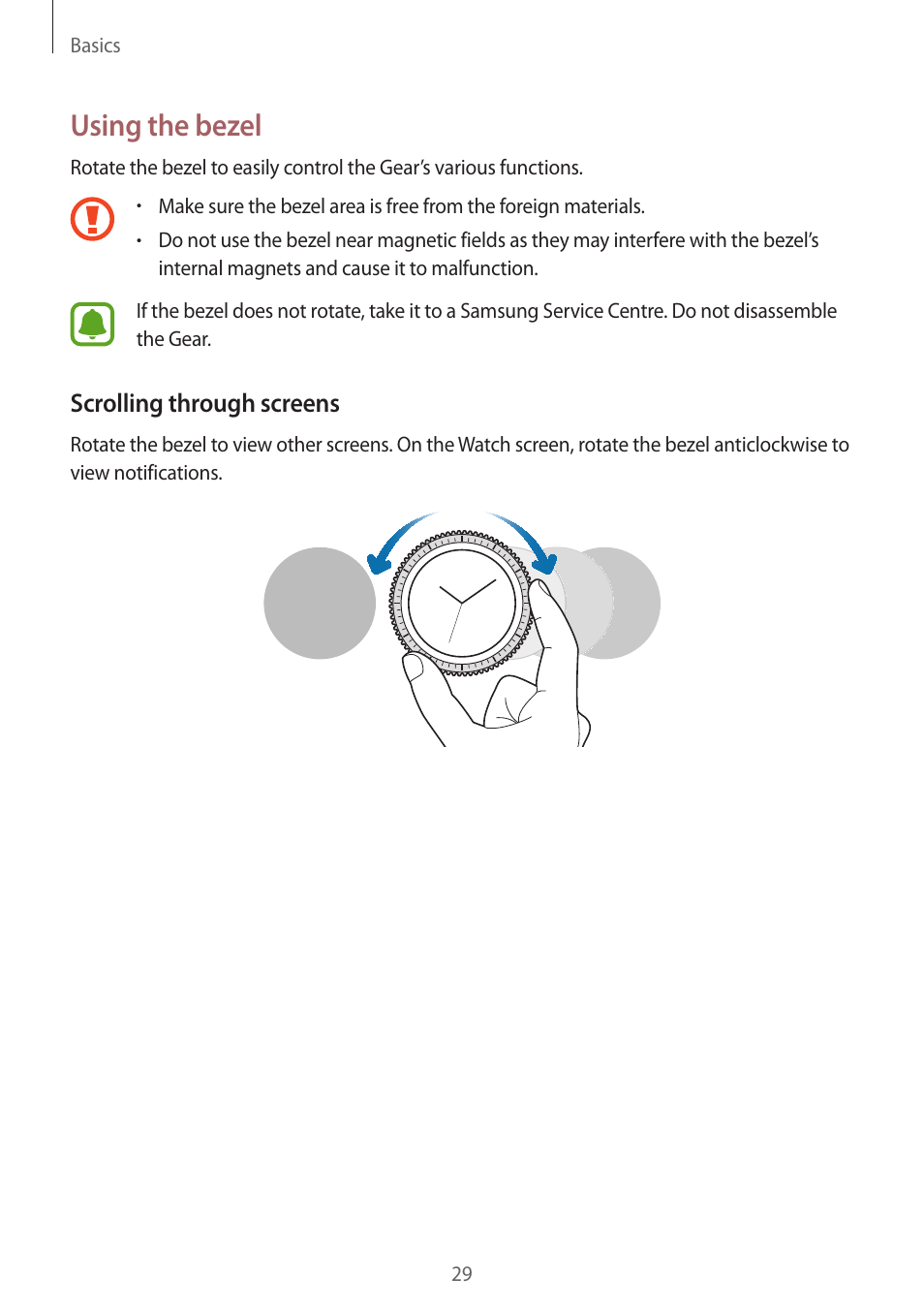 Using the bezel, 29 using the bezel | Samsung Gear S3 SM-R760 User Manual | Page 29 / 104