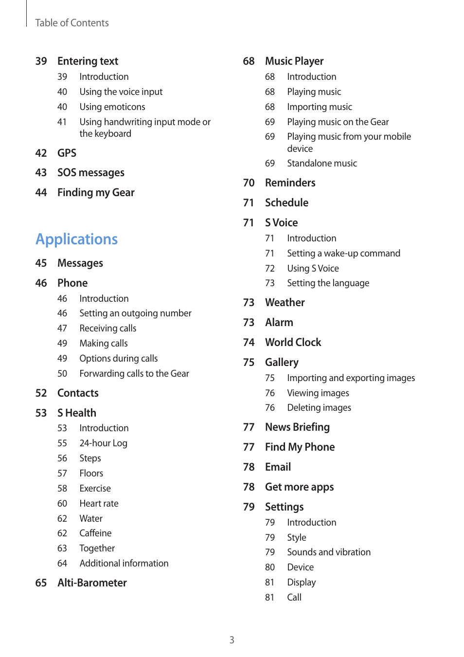 Applications | Samsung Gear S3 SM-R760 User Manual | Page 3 / 104
