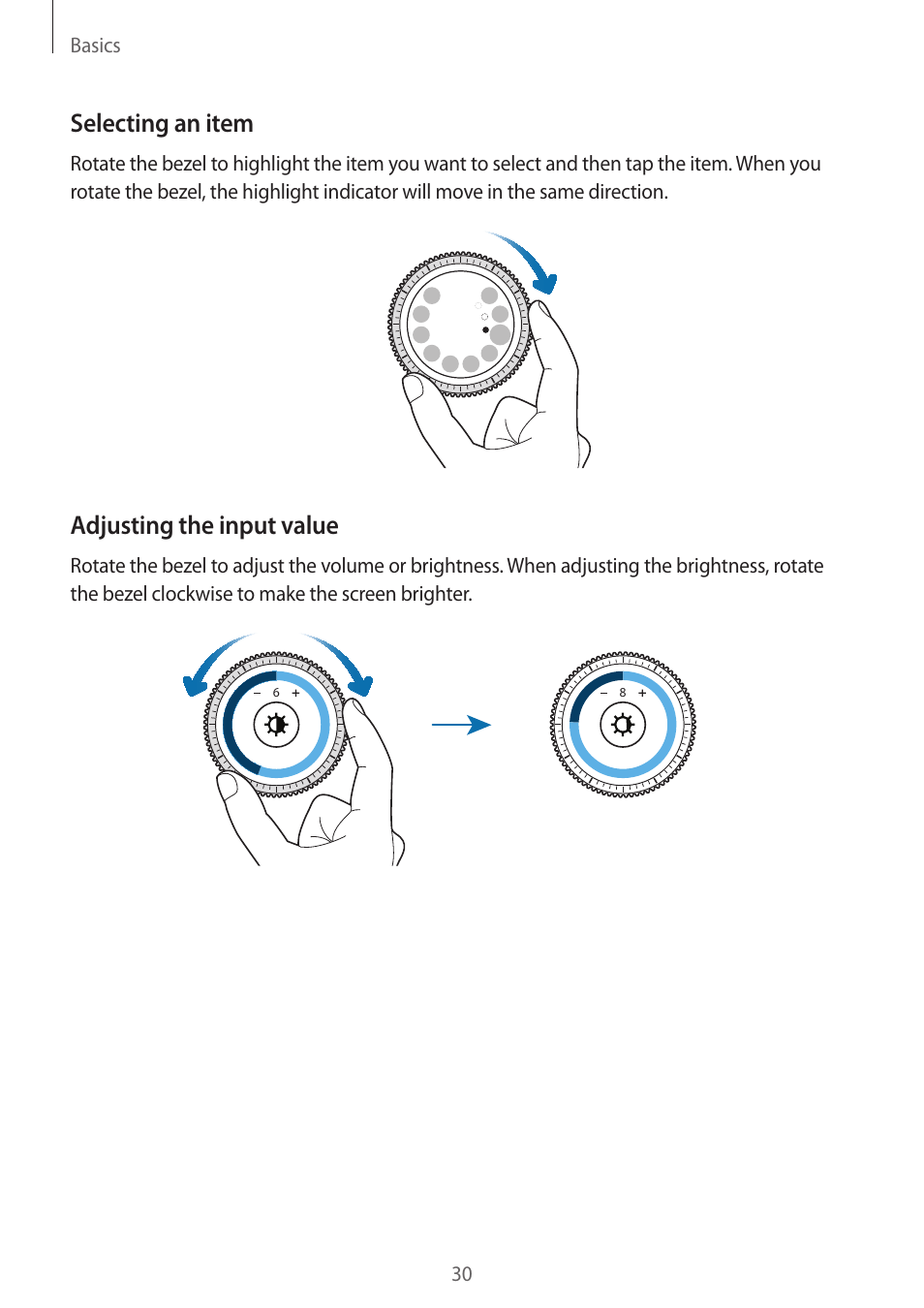 Selecting an item, Adjusting the input value | Samsung Gear S3 SM-R760 User Manual | Page 30 / 104