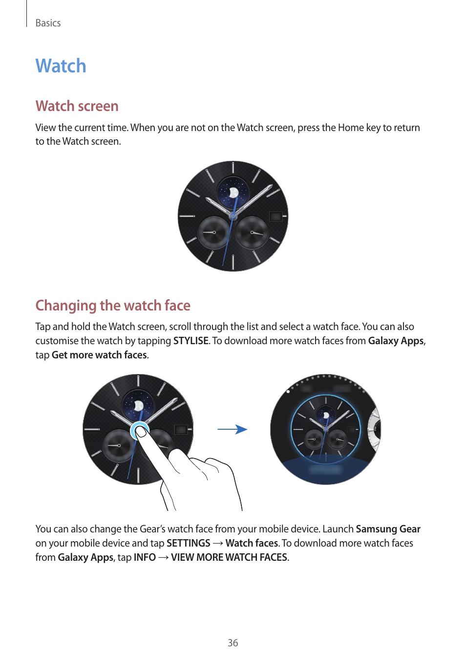 Watch, Watch screen, Changing the watch face | 36 watch, 36 watch screen 36 changing the watch face | Samsung Gear S3 SM-R760 User Manual | Page 36 / 104