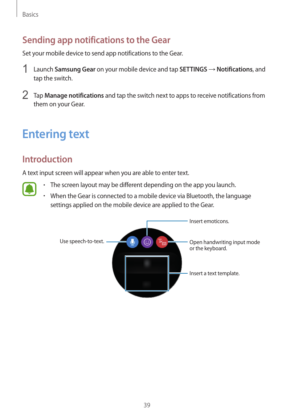 Sending app notifications to the gear, Entering text, Introduction | 39 sending app notifications to the, Gear, 39 entering text, 39 introduction | Samsung Gear S3 SM-R760 User Manual | Page 39 / 104