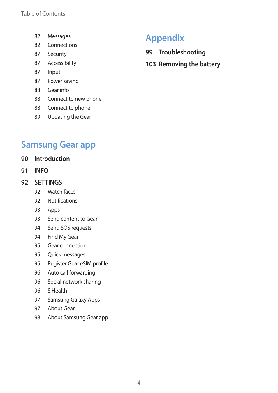 Appendix, Samsung gear app | Samsung Gear S3 SM-R760 User Manual | Page 4 / 104