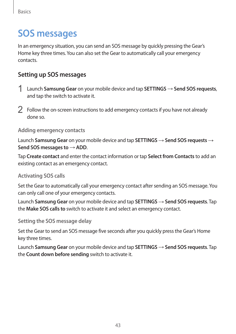 Sos messages, 43 sos messages | Samsung Gear S3 SM-R760 User Manual | Page 43 / 104