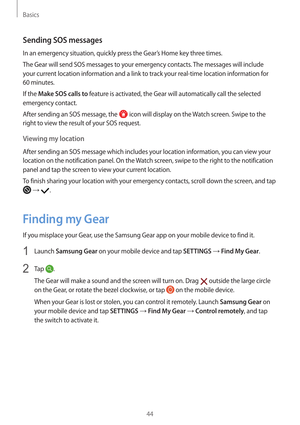 Finding my gear, 44 finding my gear | Samsung Gear S3 SM-R760 User Manual | Page 44 / 104