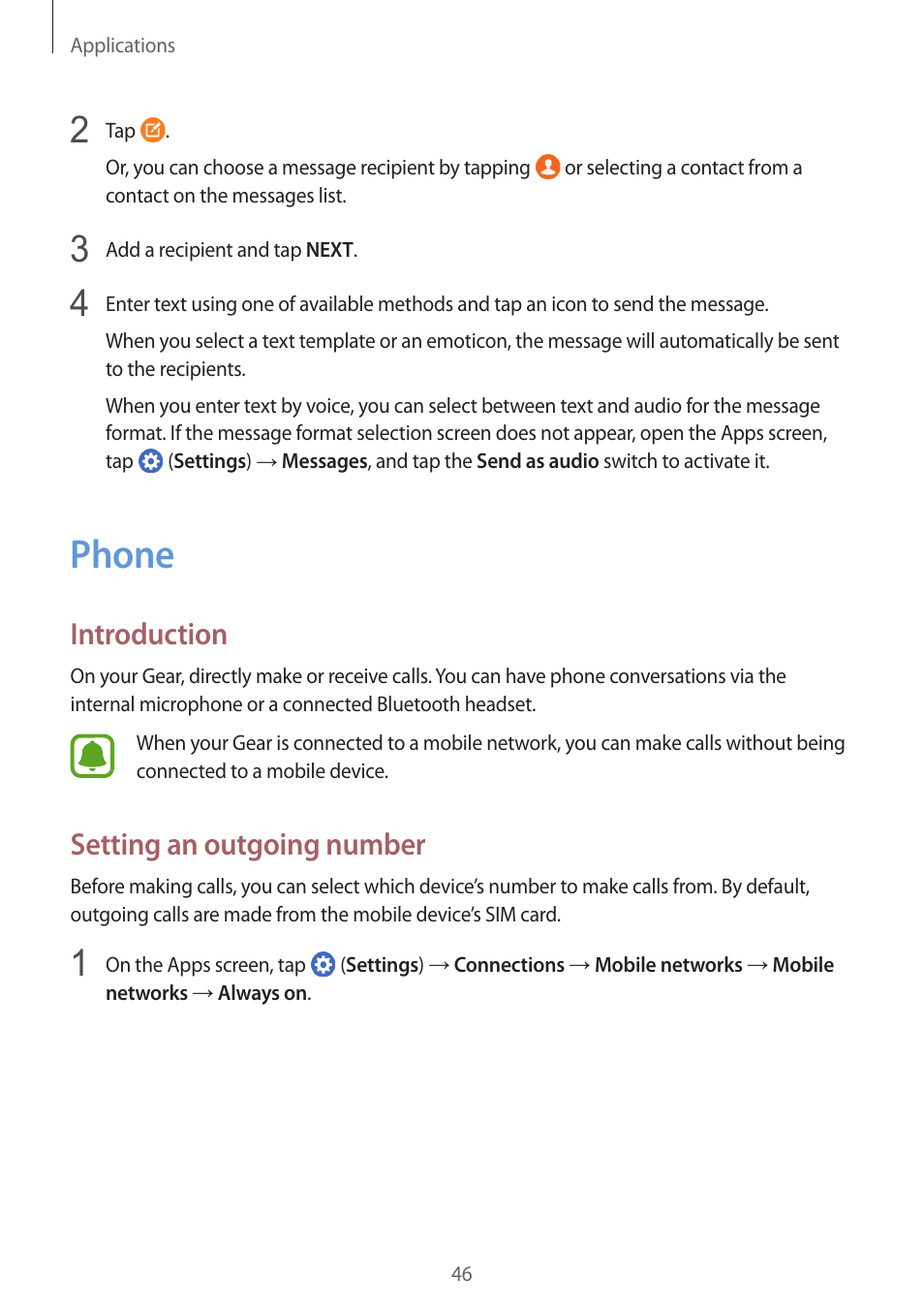 Phone, Introduction, Setting an outgoing number | 46 phone, 46 introduction 46 setting an outgoing number | Samsung Gear S3 SM-R760 User Manual | Page 46 / 104