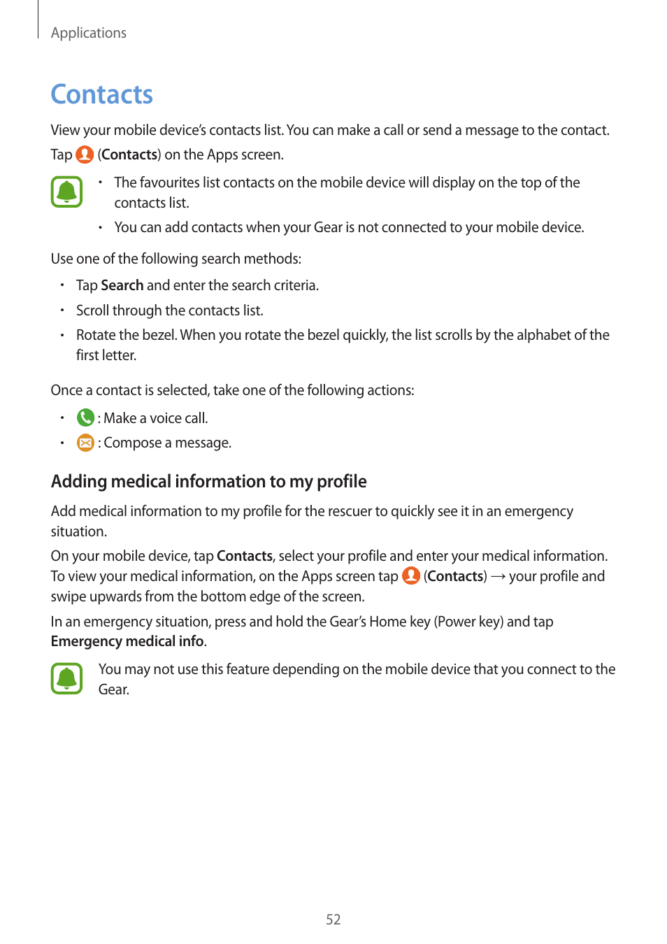 Contacts, 52 contacts, Adding medical information to my profile | Samsung Gear S3 SM-R760 User Manual | Page 52 / 104