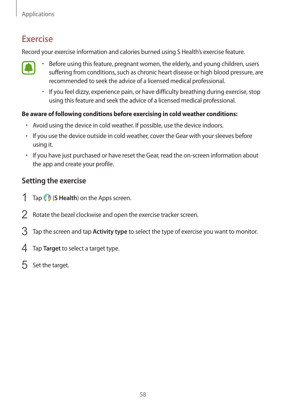 Exercise, 58 exercise | Samsung Gear S3 SM-R760 User Manual | Page 58 / 104