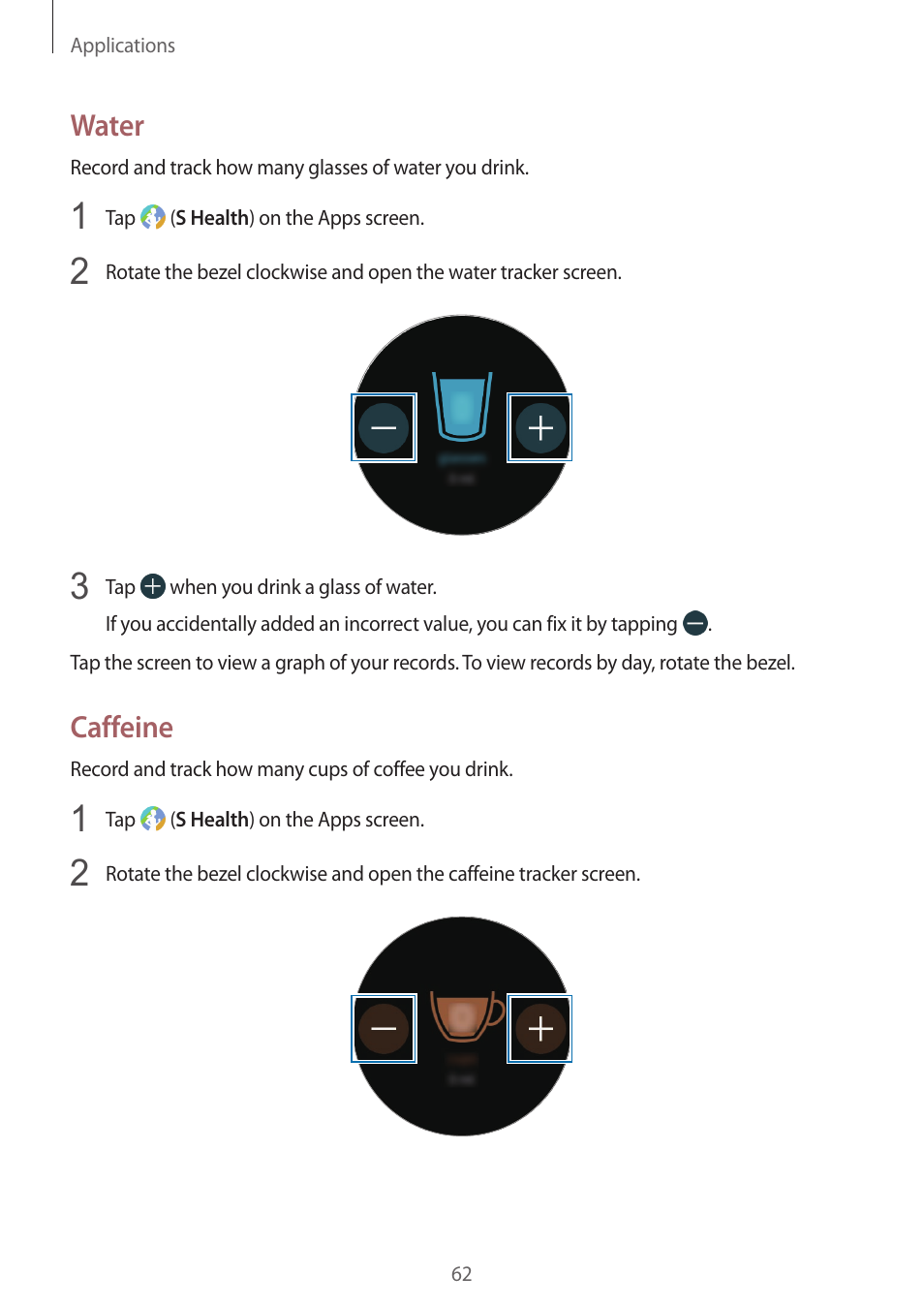 Water, Caffeine, 62 water 62 caffeine | Samsung Gear S3 SM-R760 User Manual | Page 62 / 104