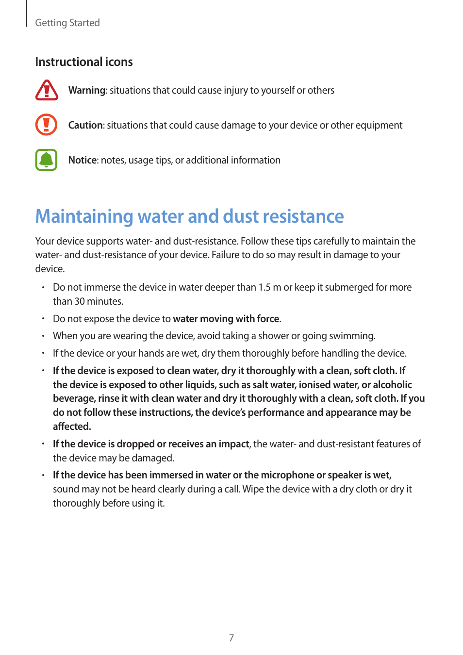 Maintaining water and dust resistance, 7 maintaining water and dust, Resistance | Instructional icons | Samsung Gear S3 SM-R760 User Manual | Page 7 / 104