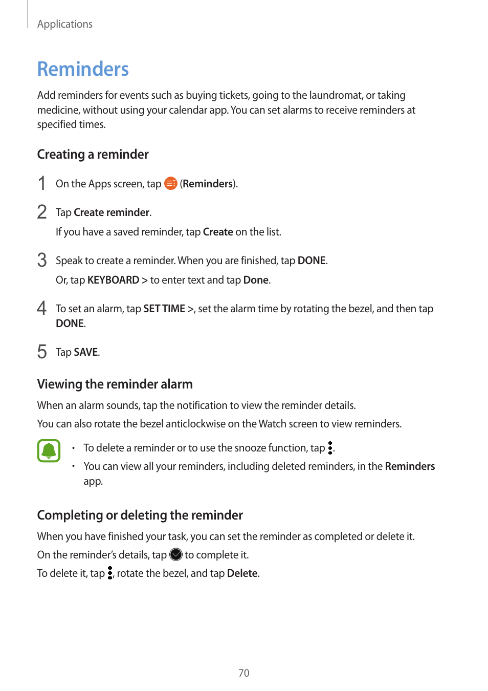 Reminders, 70 reminders | Samsung Gear S3 SM-R760 User Manual | Page 70 / 104