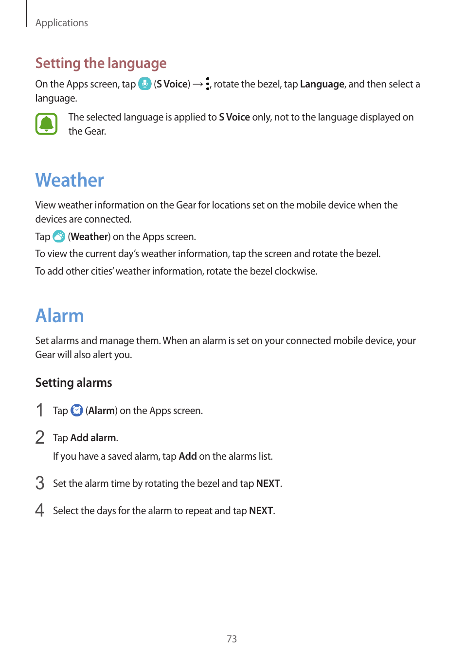 Setting the language, Weather, Alarm | 73 setting the language, 73 weather 73 alarm | Samsung Gear S3 SM-R760 User Manual | Page 73 / 104