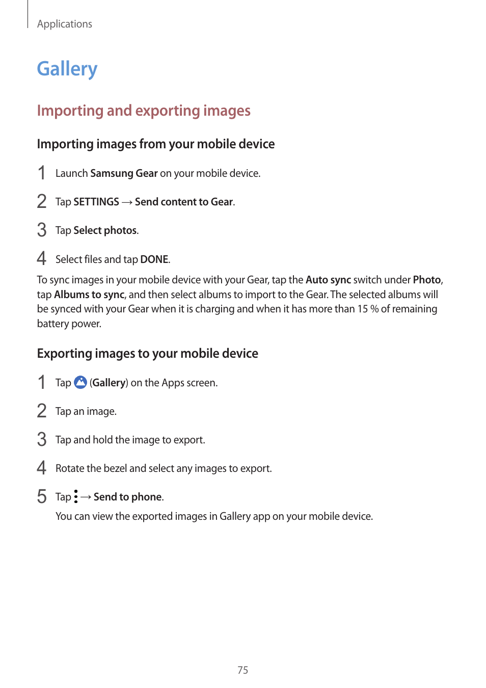 Gallery, Importing and exporting images, 75 gallery | 75 importing and exporting images | Samsung Gear S3 SM-R760 User Manual | Page 75 / 104