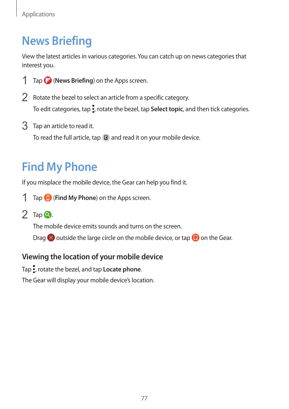 News briefing, Find my phone, 77 news briefing 77 find my phone | Samsung Gear S3 SM-R760 User Manual | Page 77 / 104