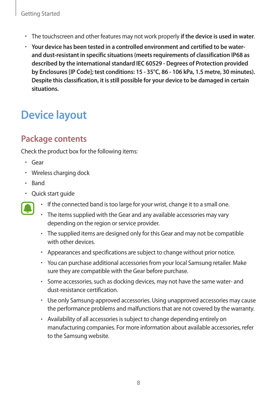 Device layout, Package contents, 8 device layout | Samsung Gear S3 SM-R760 User Manual | Page 8 / 104