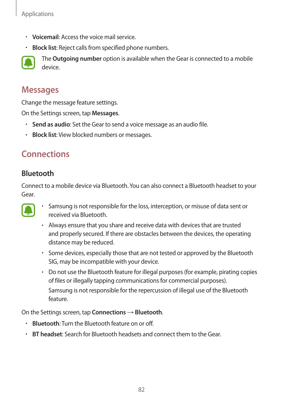 Messages, Connections, 82 messages 82 connections | Bluetooth | Samsung Gear S3 SM-R760 User Manual | Page 82 / 104