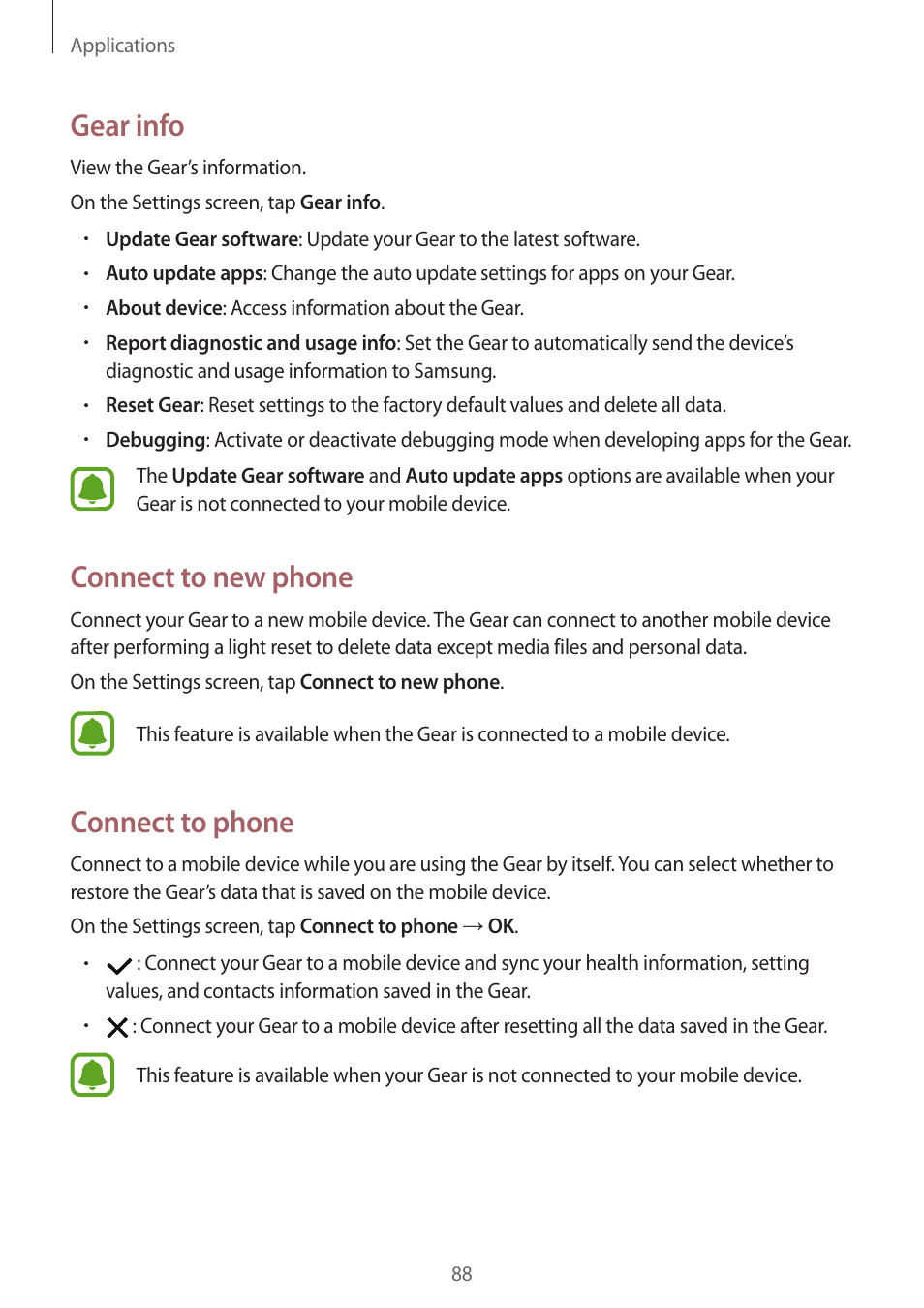 Gear info, Connect to new phone, Connect to phone | Samsung Gear S3 SM-R760 User Manual | Page 88 / 104