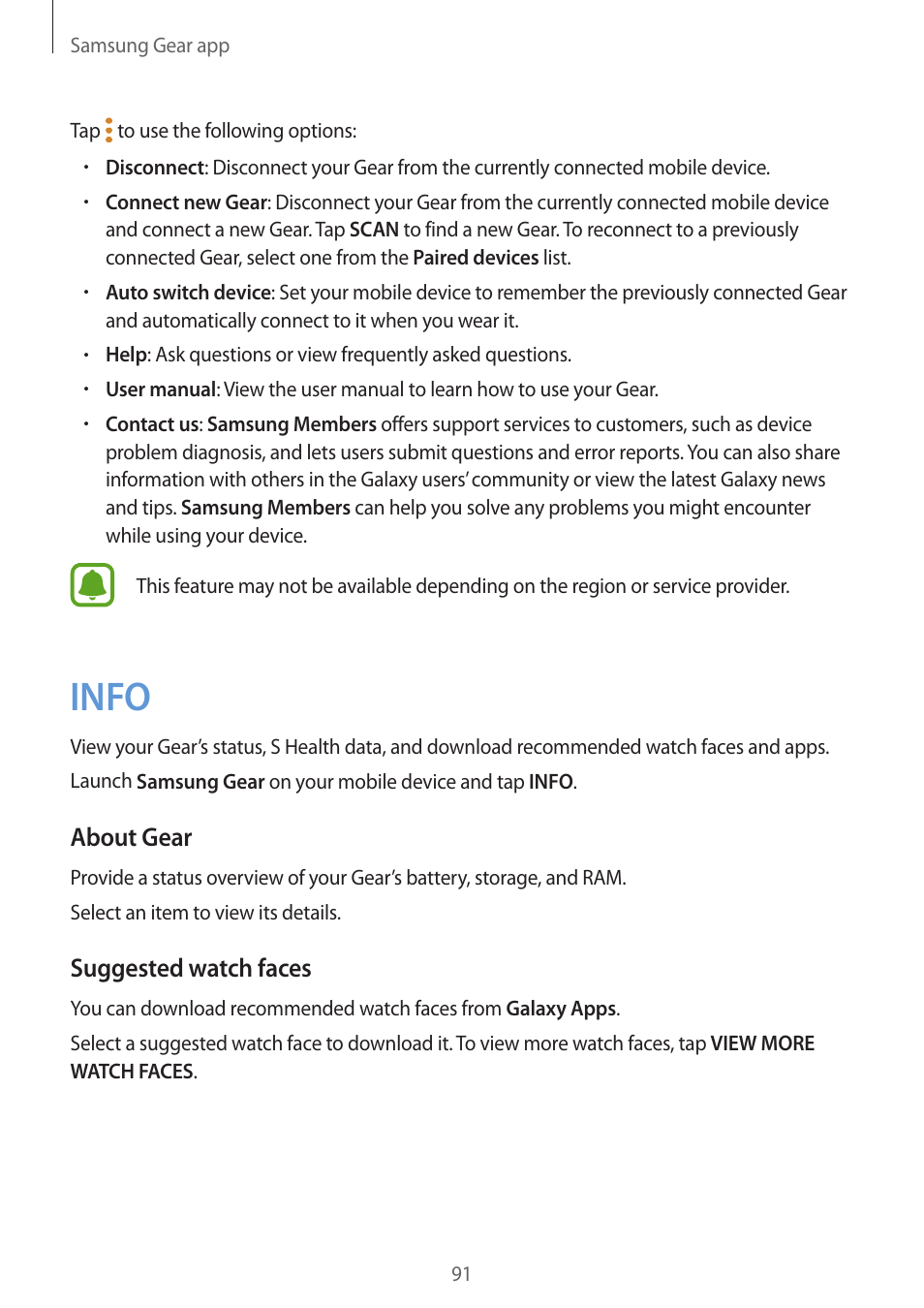 Info, 91 info, About gear | Suggested watch faces | Samsung Gear S3 SM-R760 User Manual | Page 91 / 104