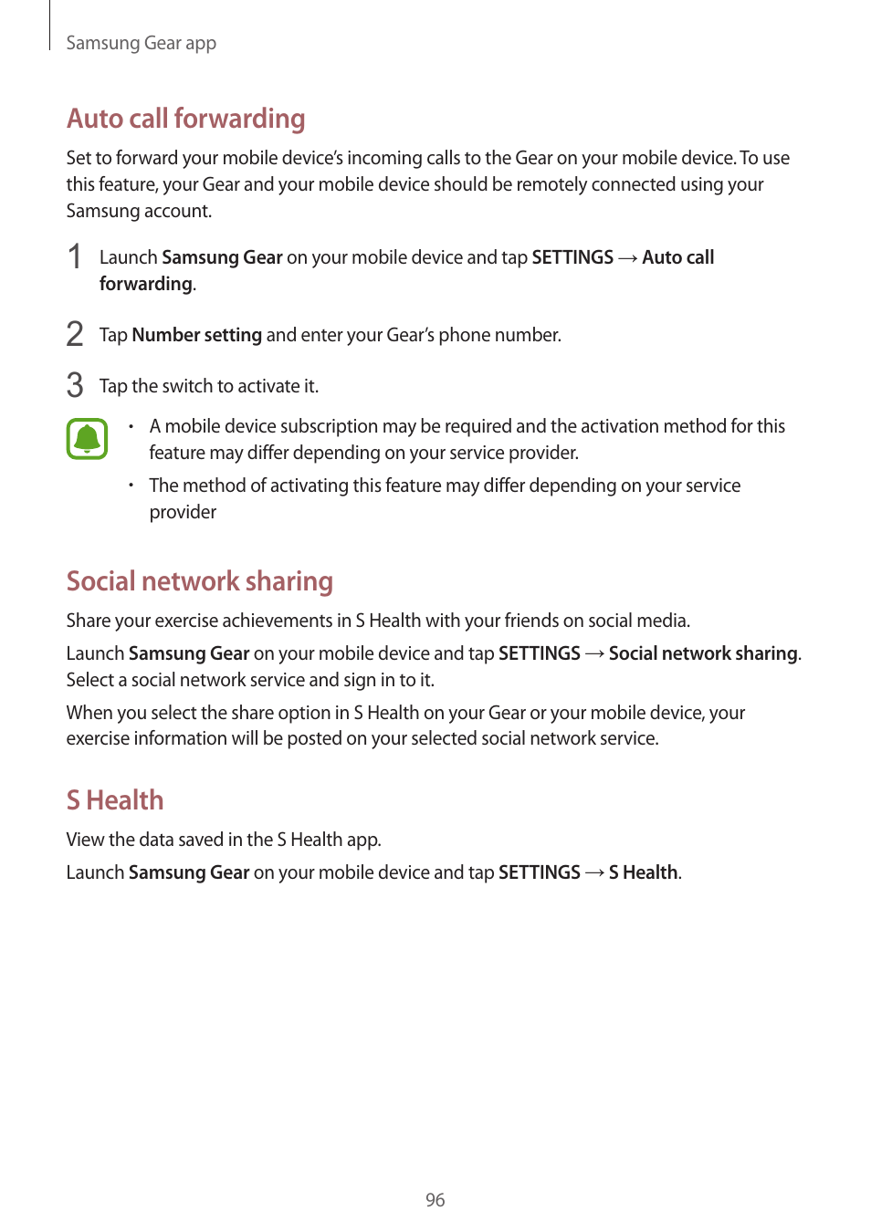 Auto call forwarding, Social network sharing, S health | Samsung Gear S3 SM-R760 User Manual | Page 96 / 104