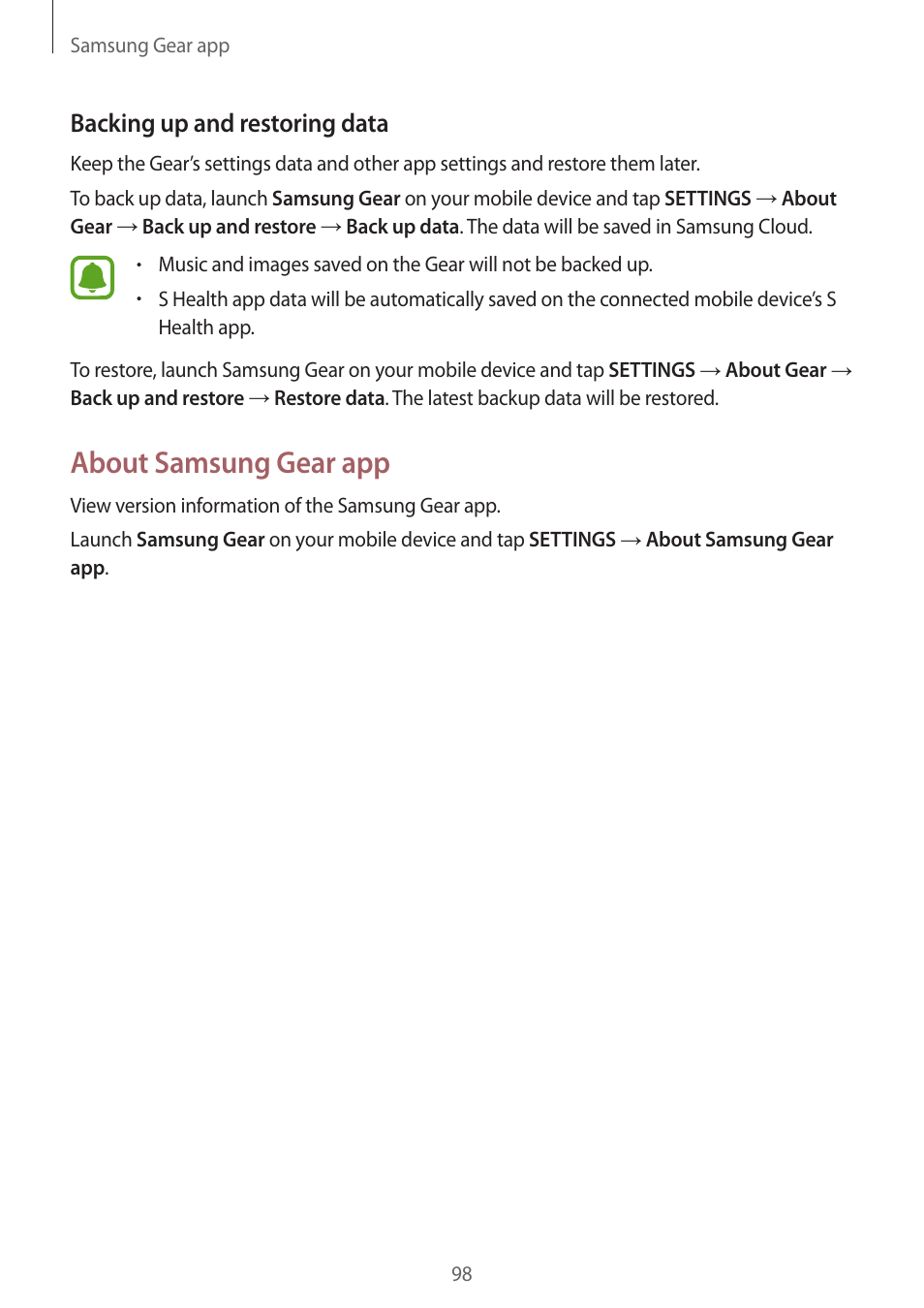 About samsung gear app, 98 about samsung gear app, Backing up and restoring data | Samsung Gear S3 SM-R760 User Manual | Page 98 / 104