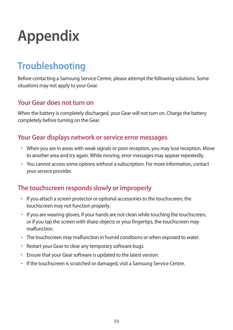Appendix, Troubleshooting, 99 troubleshooting | Samsung Gear S3 SM-R760 User Manual | Page 99 / 104