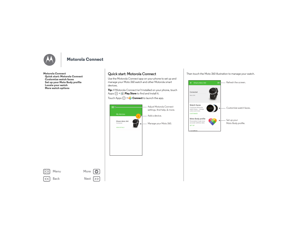 Motorola connect, Quick start: motorola connect, Next | Back next more menu | Lenovo Moto 360 User Manual | Page 10 / 21