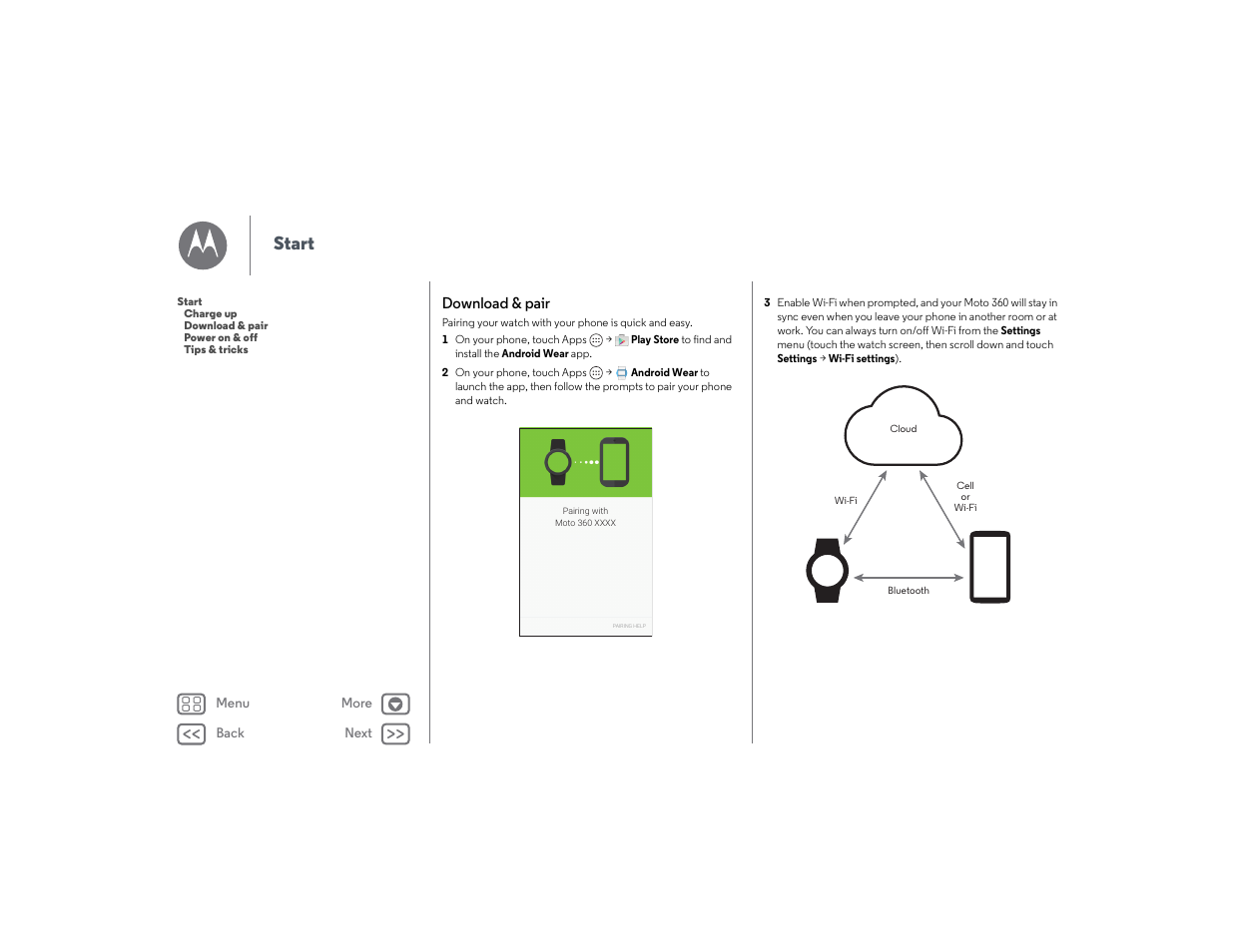 Download & pair, Next, Start | Back next more menu | Lenovo Moto 360 User Manual | Page 4 / 21