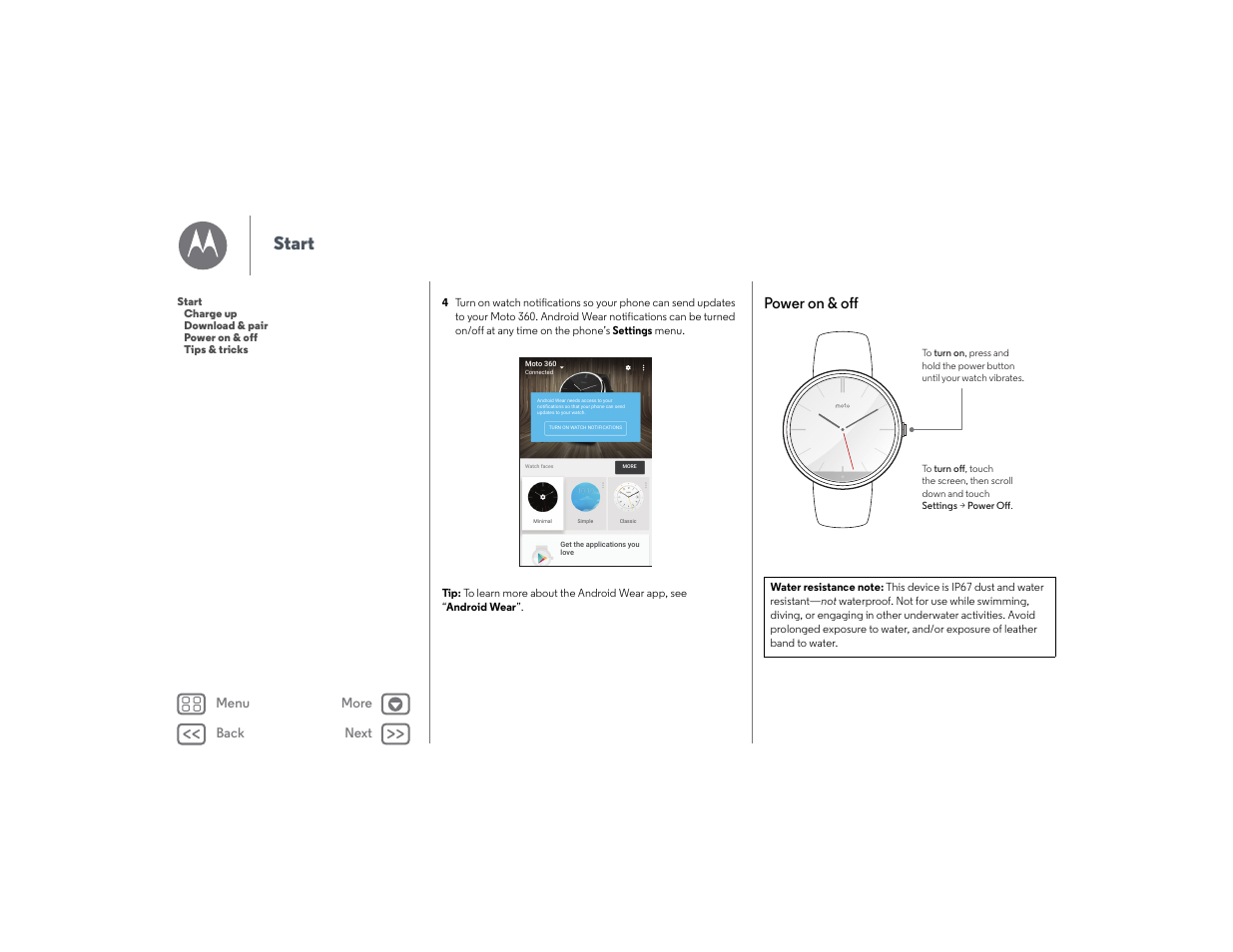 Power on & off, Next, Start | Back next more menu | Lenovo Moto 360 User Manual | Page 5 / 21