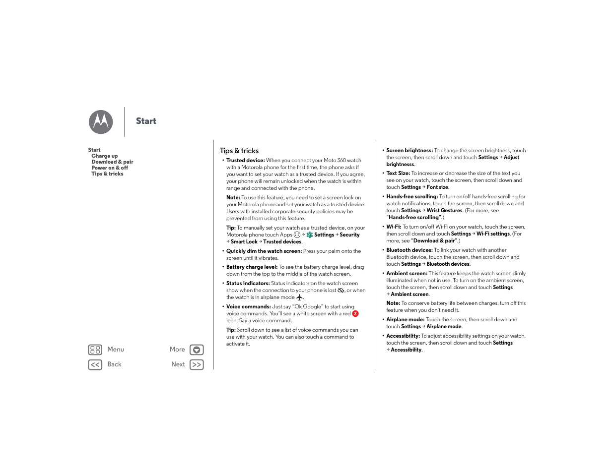 Tips & tricks, Next, Start | Back next more menu | Lenovo Moto 360 User Manual | Page 6 / 21