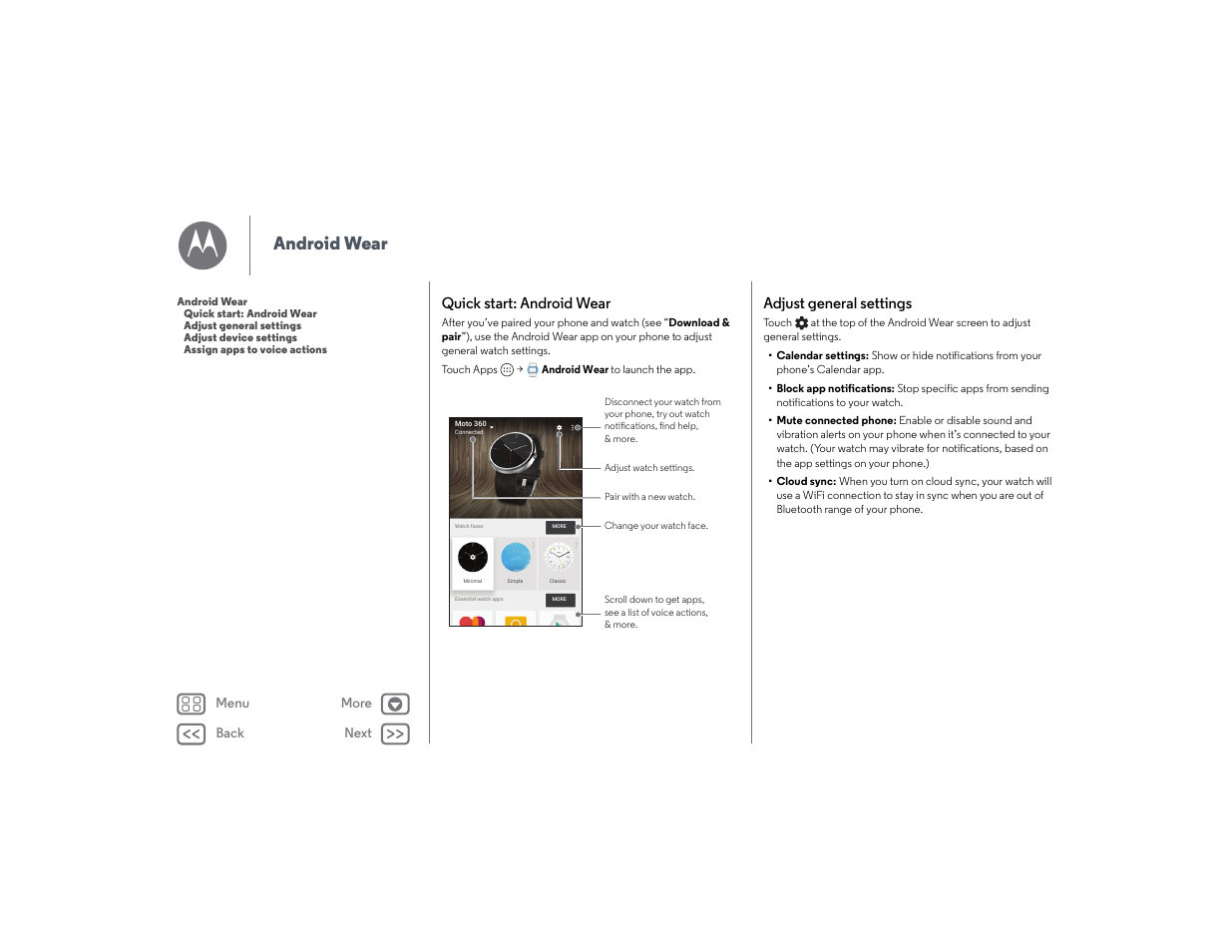 Android wear, Quick start: android wear, Adjust general settings | Next, Back next more menu | Lenovo Moto 360 User Manual | Page 8 / 21