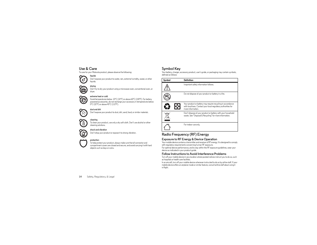 Use & care, Symbol key, Radio frequency (rf) energy | Exposure to rf energy & device operation, Follow instructions to avoid interference problems | Lenovo Moto 360 User Manual | Page 16 / 22