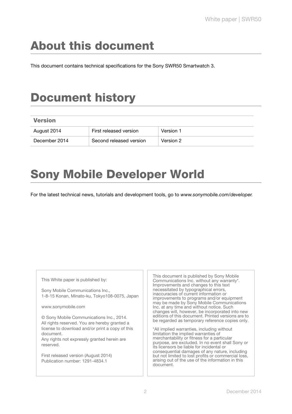 About this document, Document history, Sony mobile developer world | Document history sony mobile developer world | Sony SmartWatch 3 SWR50 User Manual | Page 2 / 8