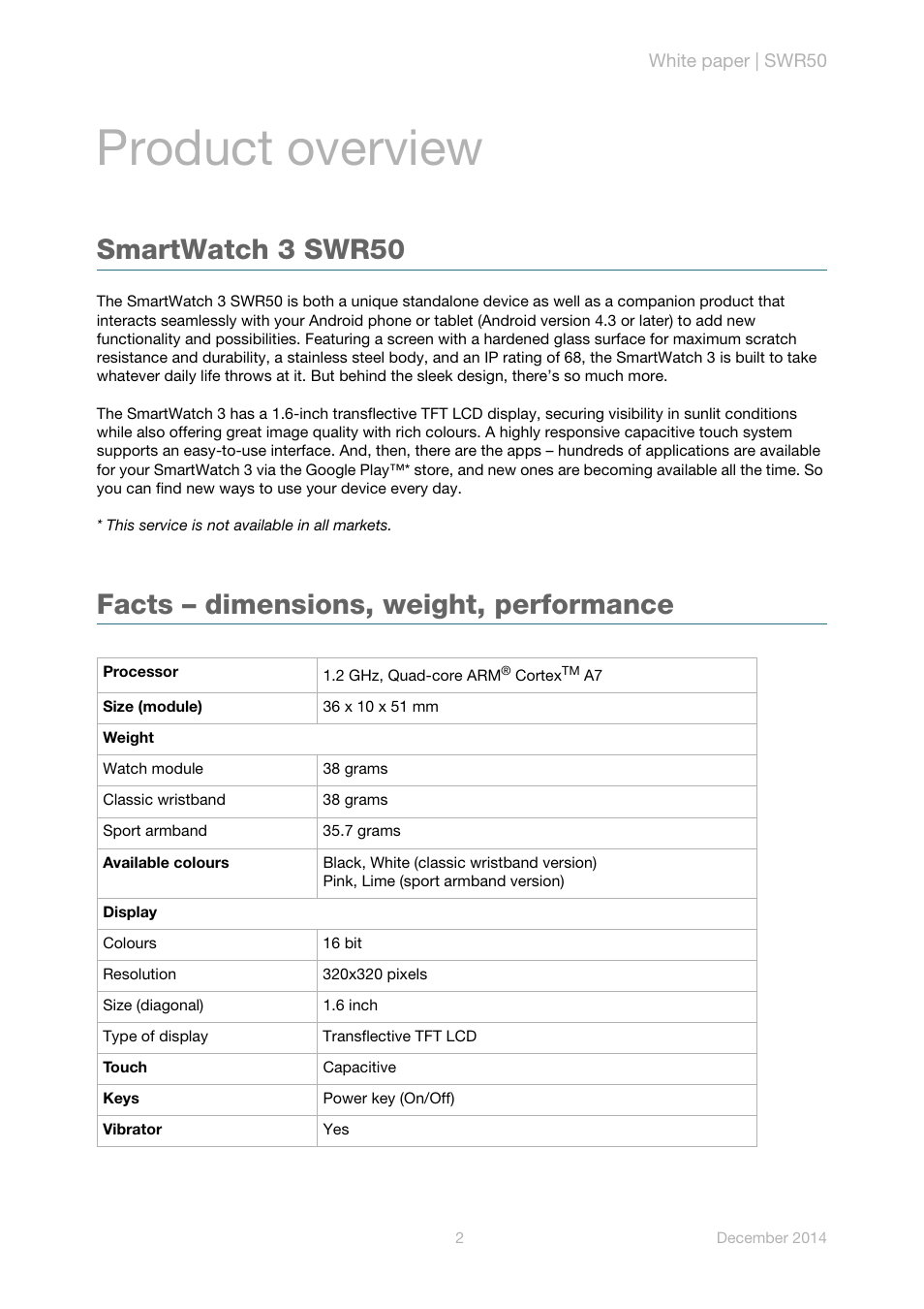 Product overview, Smartwatch 3 swr50, Facts – dimensions, weight, performance | Sony SmartWatch 3 SWR50 User Manual | Page 4 / 8