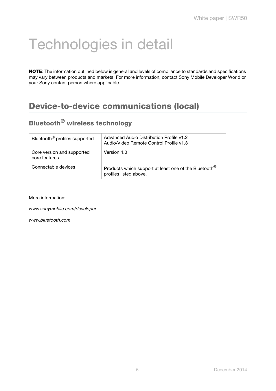 Technologies in detail, Device-to-device communications (local), Bluetooth® wireless technology | Bluetooth, Wireless technology | Sony SmartWatch 3 SWR50 User Manual | Page 7 / 8