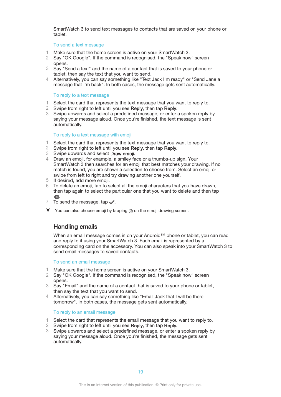 Handling emails | Sony SmartWatch 3 SWR50 User Manual | Page 19 / 32