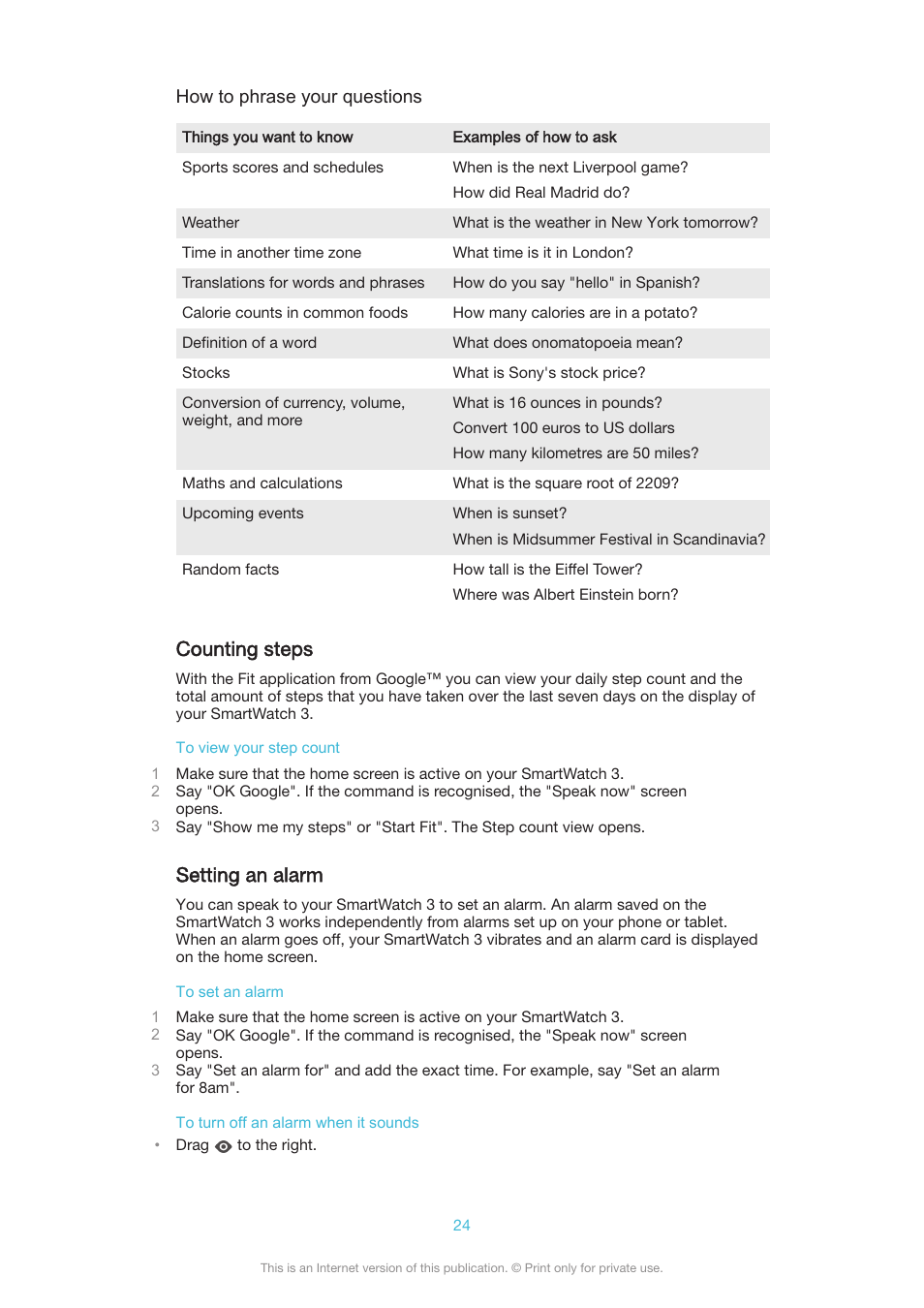 Counting steps, Setting an alarm | Sony SmartWatch 3 SWR50 User Manual | Page 24 / 32