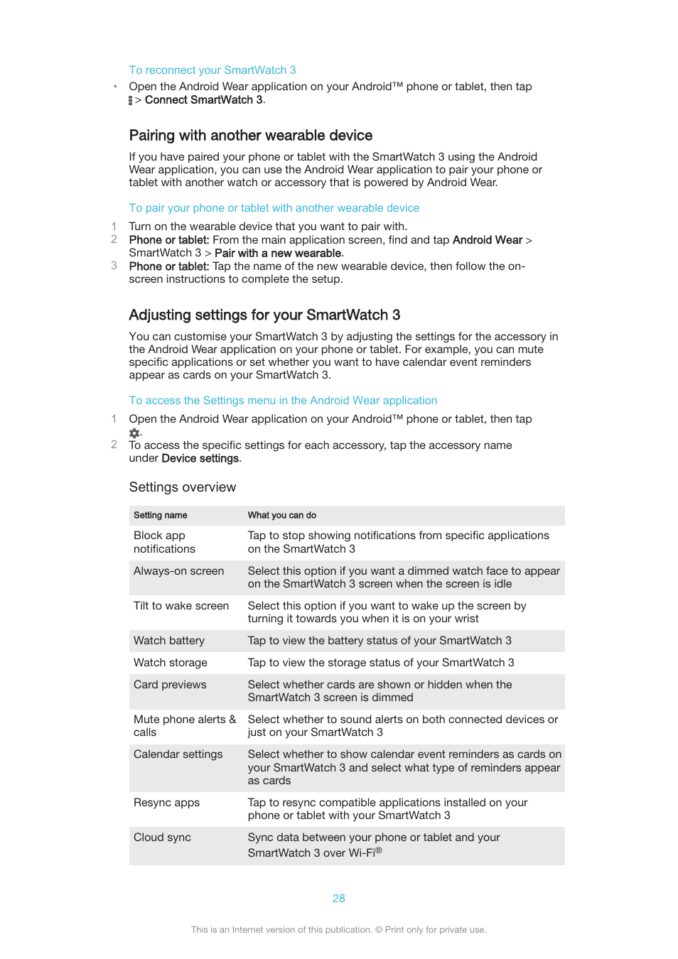 Pairing with another wearable device, Adjusting settings for your smartwatch 3 | Sony SmartWatch 3 SWR50 User Manual | Page 28 / 32