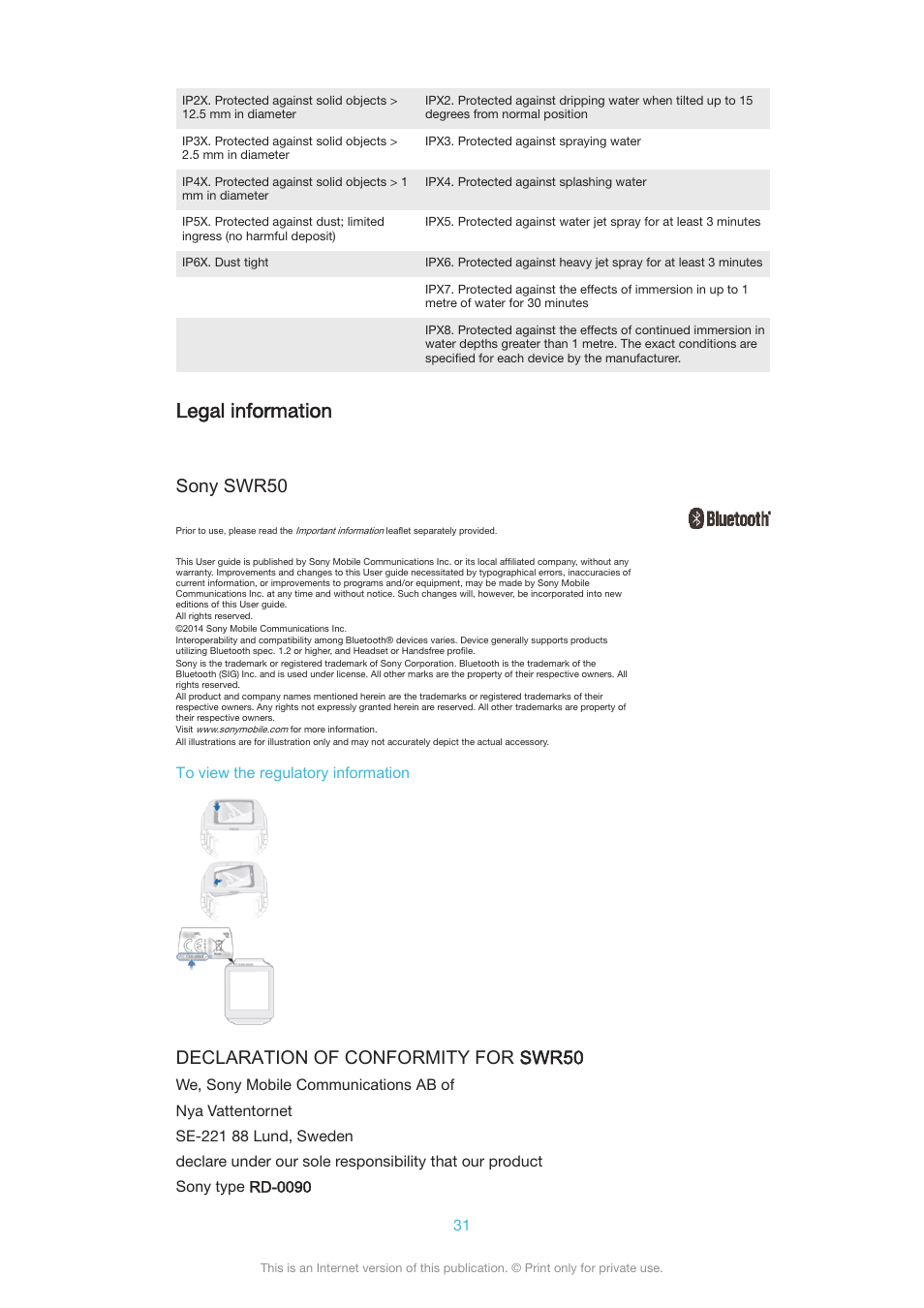 Legal information, Sony swr50, Declaration of conformity for swr50 | Sony SmartWatch 3 SWR50 User Manual | Page 31 / 32