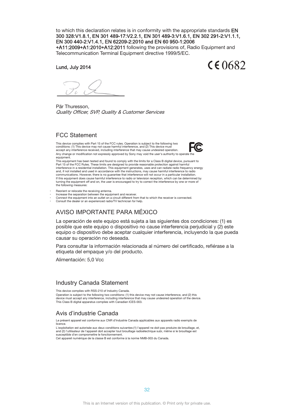 Fcc statement, Aviso importante para méxico, Industry canada statement | Avis d’industrie canada | Sony SmartWatch 3 SWR50 User Manual | Page 32 / 32