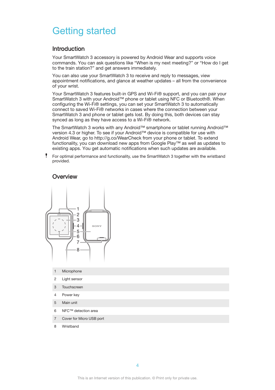 Getting started, Introduction, Overview | Sony SmartWatch 3 SWR50 User Manual | Page 4 / 32