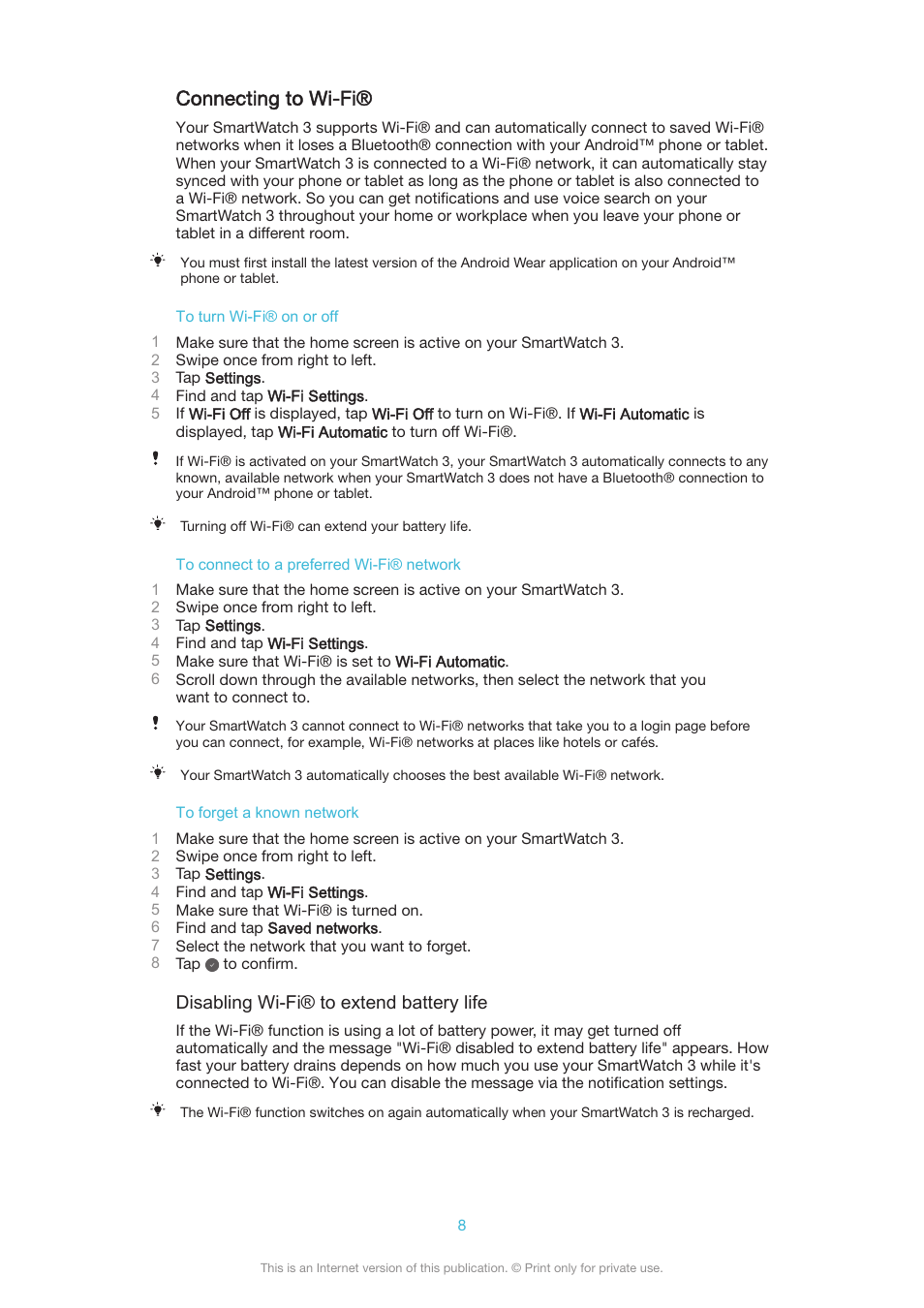 Connecting to wi-fi | Sony SmartWatch 3 SWR50 User Manual | Page 8 / 32