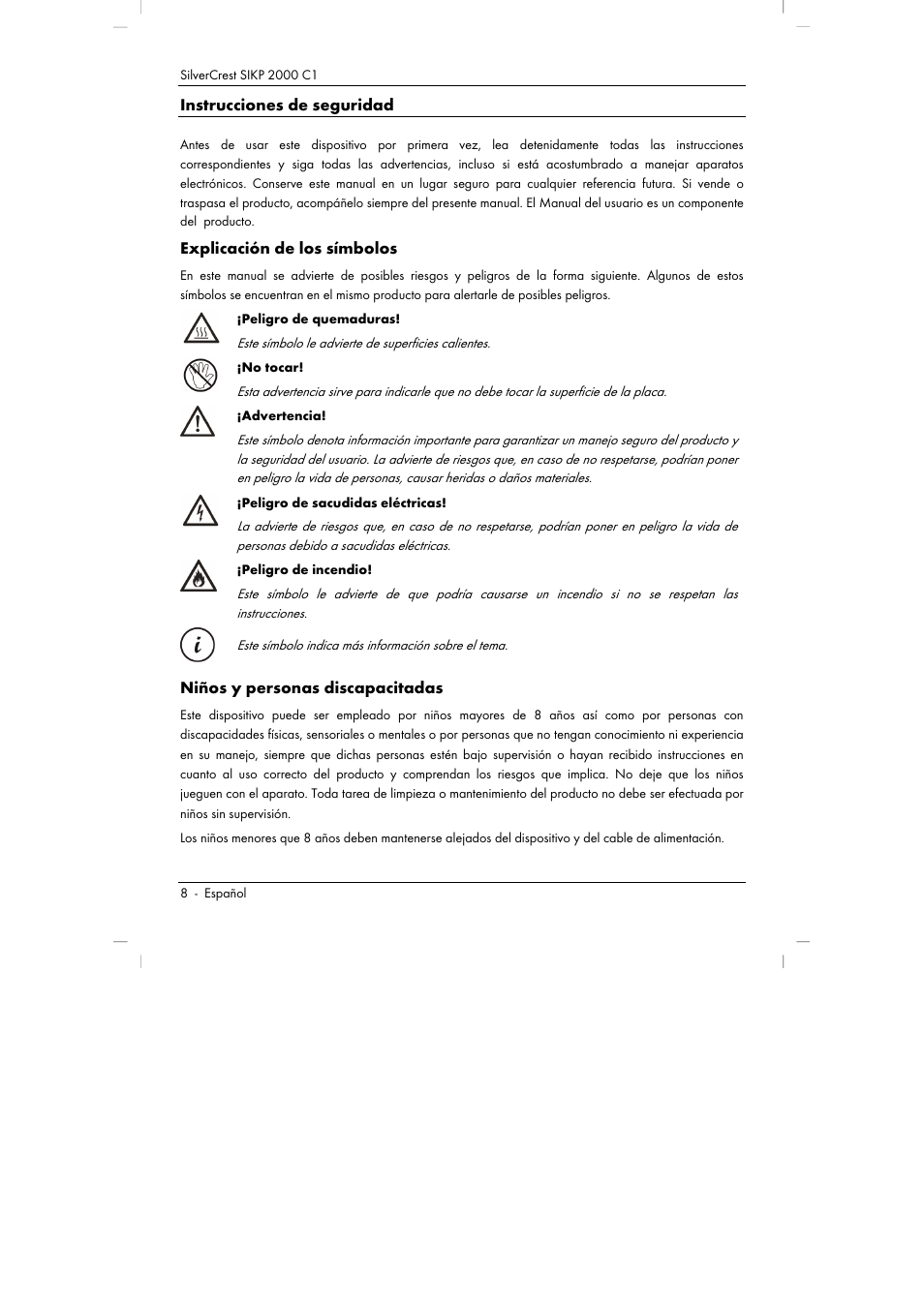Instrucciones de seguridad, Explicación de los símbolos, Niños y personas discapacitadas | Silvercrest SIKP 2000 C1 User Manual | Page 10 / 102