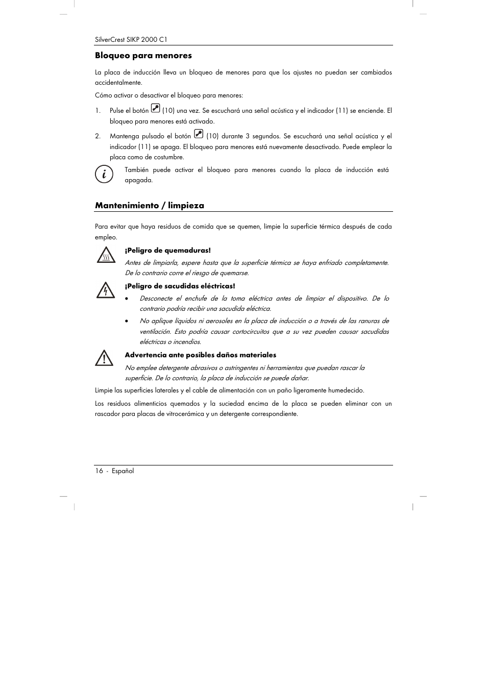 Bloqueo para menores, Mantenimiento / limpieza | Silvercrest SIKP 2000 C1 User Manual | Page 18 / 102