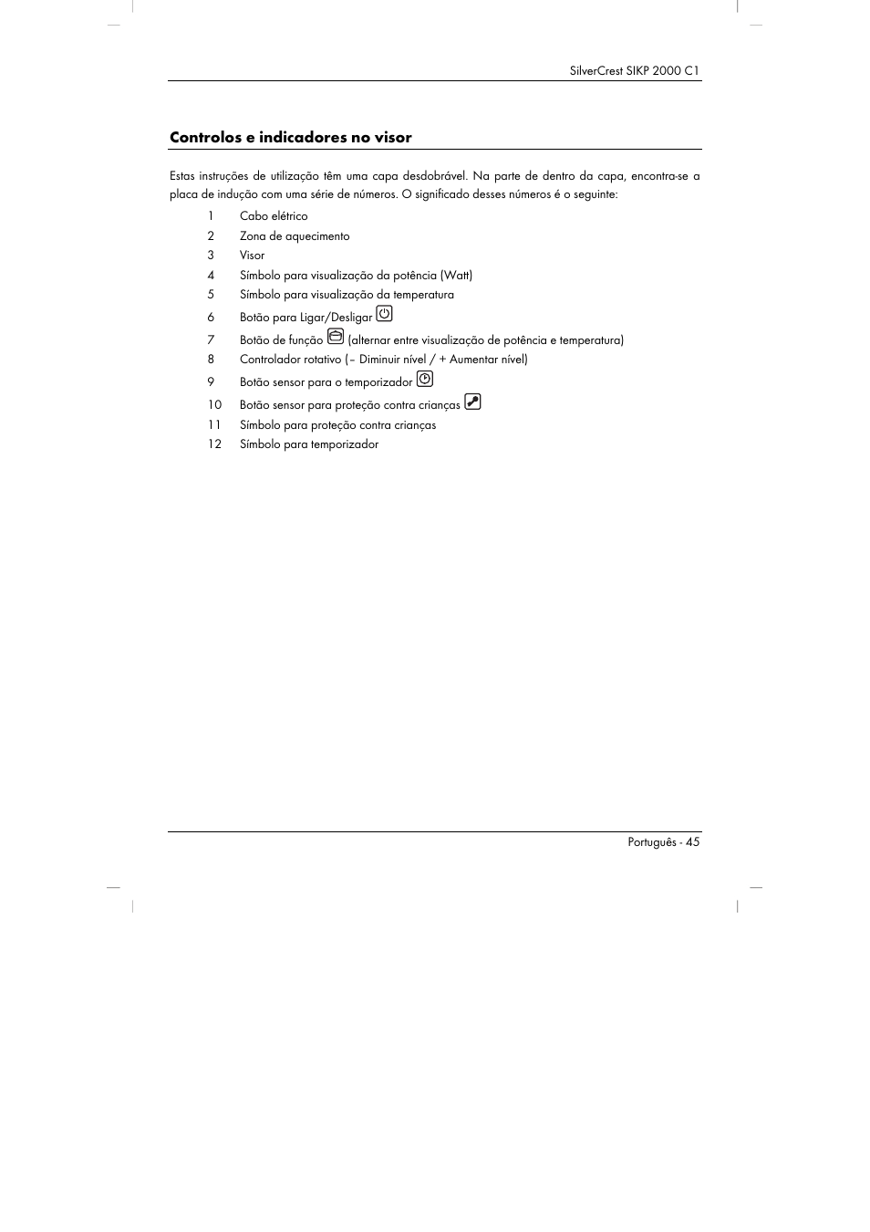 Controlos e indicadores no visor | Silvercrest SIKP 2000 C1 User Manual | Page 47 / 102