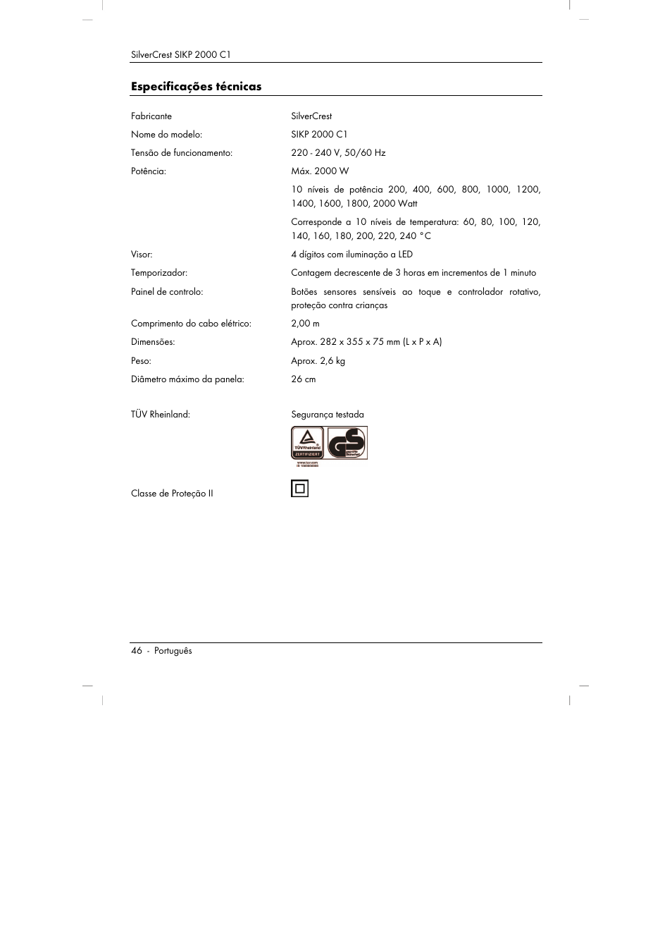 Especificações técnicas | Silvercrest SIKP 2000 C1 User Manual | Page 48 / 102