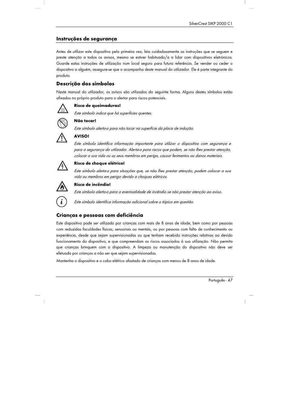 Instruções de segurança, Descrição dos símbolos, Crianças e pessoas com deficiência | Silvercrest SIKP 2000 C1 User Manual | Page 49 / 102