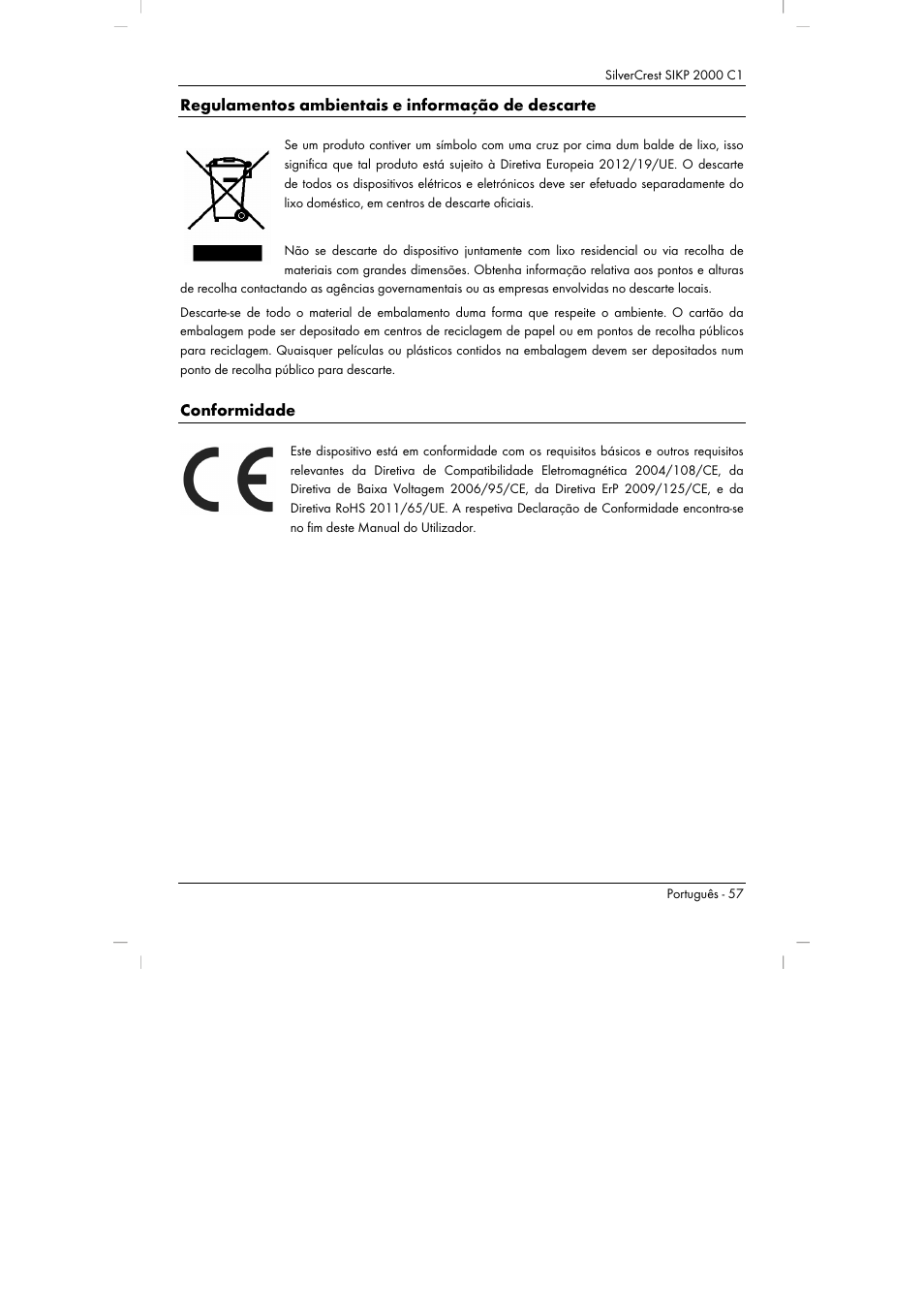 Regulamentos ambientais e informação de descarte, Conformidade | Silvercrest SIKP 2000 C1 User Manual | Page 59 / 102