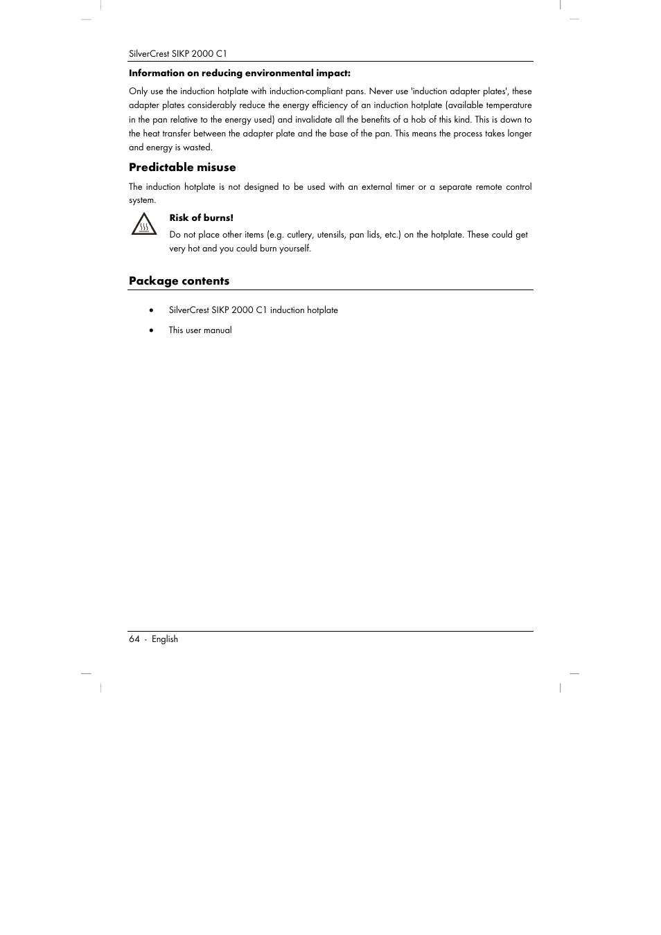 Predictable misuse, Package contents | Silvercrest SIKP 2000 C1 User Manual | Page 66 / 102