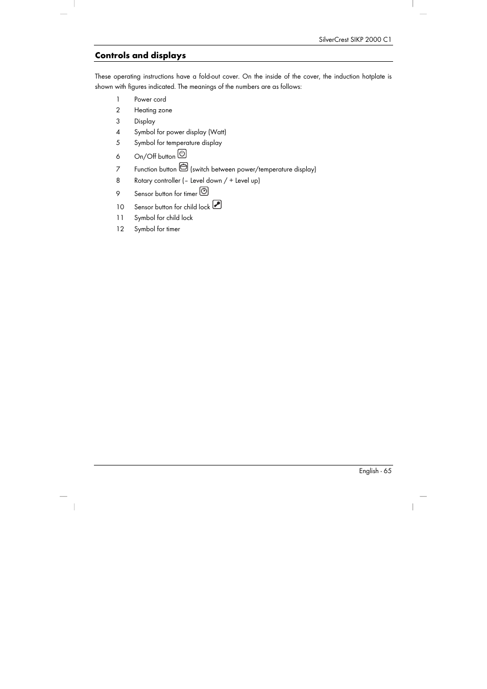 Controls and displays | Silvercrest SIKP 2000 C1 User Manual | Page 67 / 102